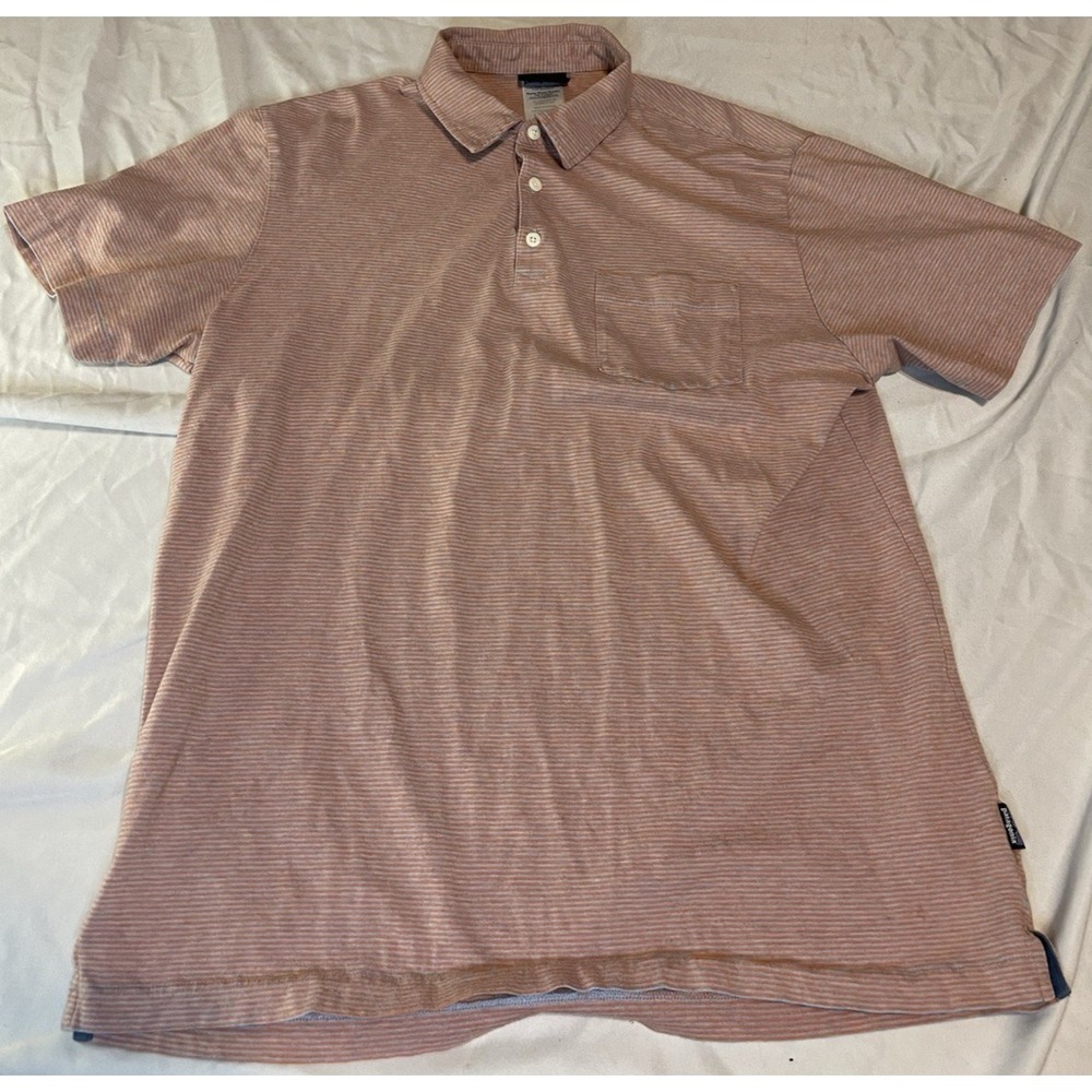Patagonia Polo Shirt Mens Medium Orange Striped Organic Cotton Pocket Casual